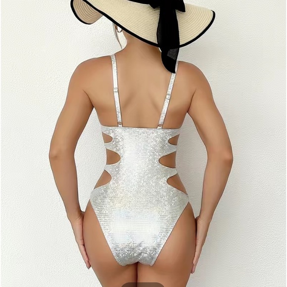 Silver sparkly swimsuit with cut out sides and high cut bottom & lined bust NWT - Picture 2 of 5